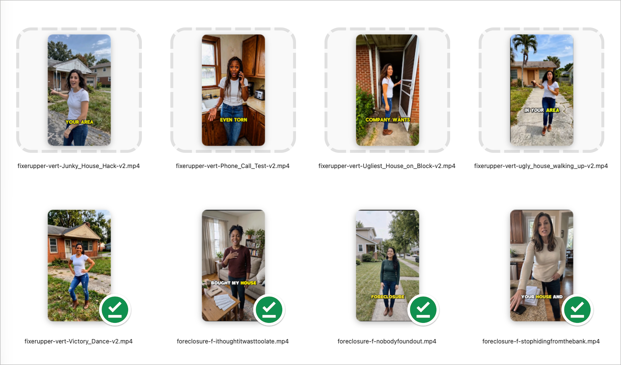 A grid of winning ad creatives from the FlipAnywhere library, proven motivated seller ads ready to deploy